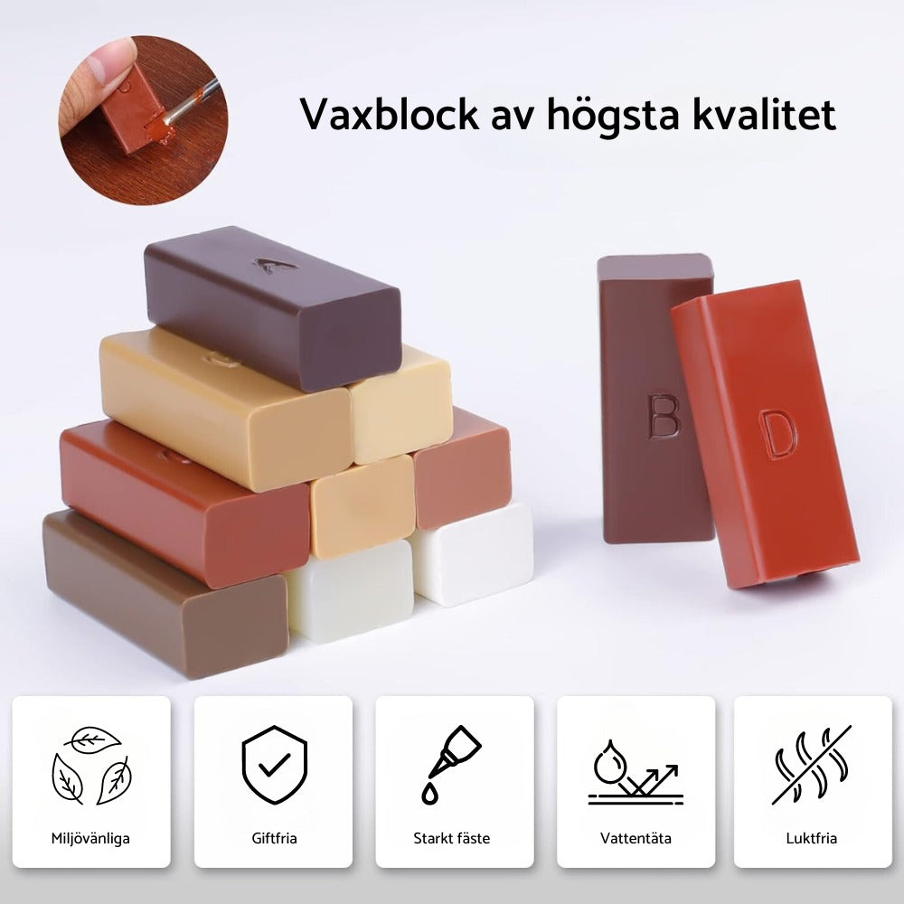 Vaxblock kan smältas för att reparera trä och laminat